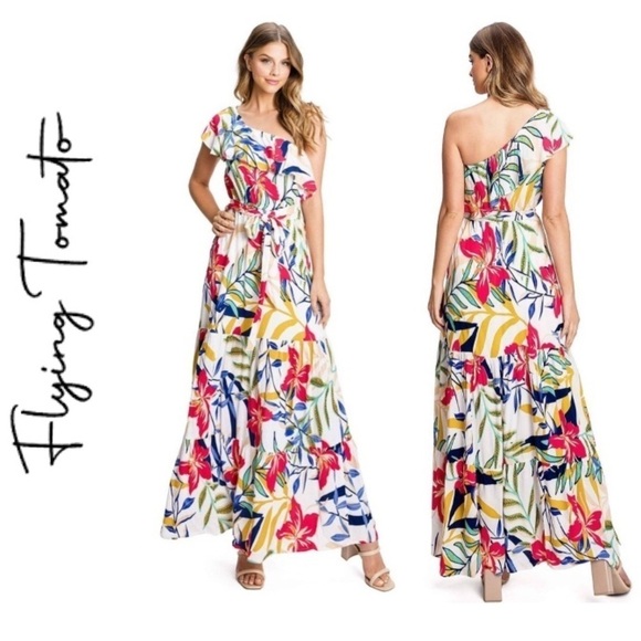 Flying Tomato Dresses & Skirts - Flying Tomato One shoulder ruffle floral tropical print tiered maxi dress, L